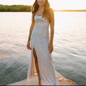 Strapless long cream Sequins dress with slit